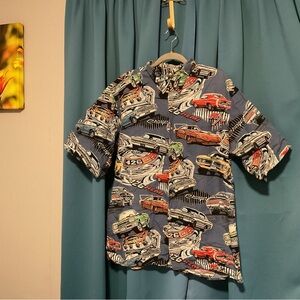 Reyn Spooner Blue and Black Car Print Shirt